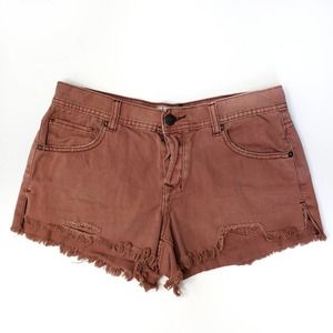 Free People Red High Rise Distress Denim Jean Shorts